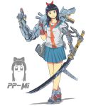  1girl :3 black_hair bow hair_bow long_hair looking_at_viewer middle_finger pipimi pleated_skirt poptepipic prosthesis prosthetic_arm school_uniform serafuku shirt simple_background skirt smile solo sword t-shirt weapon yozhman 