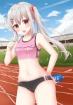  1girl bangs blush bottle breasts collarbone cowboy_shot eyebrows_visible_through_hair grey_hair hair_between_eyes hair_ornament hair_ribbon hairclip hand_on_hip hand_up highres hips holding holding_bottle index_finger_raised kinakon looking_at_viewer midriff moe2017 navel nike open_mouth original outdoors pocari_sweat red_ribbon ribbon side_ponytail sidelocks small_breasts solo tank_top thighs track_and_field track_uniform x_hair_ornament 
