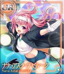  1girl arms_up artist_request card_(medium) coat fang gloves gym_uniform headband leaning_forward long_hair nana_asta_deviluke navel open_mouth outstretched_arms pink_eyes pink_hair shirt short_shorts shorts smile solo tail to_love-ru to_love-ru_darkness:_idol_revolution twintails wind wind_lift 