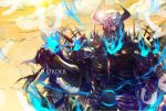  1boy armor fate/grand_order fate_(series) fire glowing glowing_eyes helmet highres horns king_hassan_(fate/grand_order) light_rays looking_at_viewer male_focus mask simple_background skull skull_mask solo sword weapon 