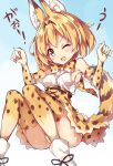  &gt;;d 1girl ;d animal_ears animal_print ass blonde_hair blush boots bow bowtie breasts cat_ears cat_tail commentary_request cross-laced_clothes dress elbow_gloves gloves gradient gradient_background highres kemono_friends legs_up looking_at_viewer medium_breasts one_eye_closed open_mouth panties serval_(kemono_friends) serval_ears serval_tail short_hair sideboob sleeveless sleeveless_dress smile solo tail thigh-highs unacchi_(nyusankin) underwear yellow_eyes 