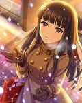  1girl artist_request bangs black_hair brown_eyes gloves idolmaster idolmaster_cinderella_girls kurokawa_chiaki long_hair official_art snowing solo 