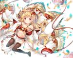  1girl :o backlighting bandeau bangs black_legwear blonde_hair blush breasts detached_sleeves eyebrows_visible_through_hair feathers full_body granblue_fantasy hair_ornament hair_ribbon halter_top halterneck hand_up loincloth long_hair looking_at_viewer makira_(granblue_fantasy) midriff navel parted_lips red_eyes red_ribbon ribbon small_breasts solo suihi tareme thigh-highs v white_background wide_sleeves 