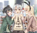  3girls alternate_costume amatsukaze_(kantai_collection) bench blurry blush brown_eyes casual chestnut_mouth coat contemporary depth_of_field food gradient_hair grey_eyes hair_tubes hairband holding kantai_collection light_brown_hair long_hair looking_at_viewer multicolored_hair multiple_girls nedia_r open_mouth pantyhose park_bench pleated_skirt shimakaze_(kantai_collection) short_hair silver_hair sitting skirt steam sweat tokitsukaze_(kantai_collection) two_side_up winter_clothes winter_coat 