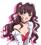  1girl :3 :d ahoge blue_eyes blush breasts brown_hair choker cleavage earrings ichinose_shiki idolmaster idolmaster_cinderella_girls jewelry kezune_(i-_-i) long_hair long_sleeves looking_at_viewer medium_breasts open_mouth shirt simple_background smile solo strap_slip upper_body white_background white_shirt 