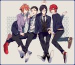  4boys atsushi_toushirou black_hair blazer brown_eyes brown_hair cardigan contemporary gotou_toushirou green_eyes grey_eyes grin highres jacket kneeling male_focus multicolored_hair multiple_boys necktie open_mouth redhead school_uniform shinano_toushirou sitting smile streaked_hair touken_ranbu v violet_eyes yagen_toushirou yamada_chickenko 