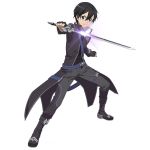  1boy black_eyes black_gloves black_hair fingerless_gloves gloves hair_between_eyes holding holding_sword holding_weapon kirito looking_at_viewer simple_background smile solo sword sword_art_online weapon white_background 