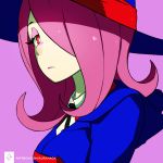  1girl erica_june_lahaie expressionless hair_over_one_eye hat highres little_witch_academia makeup pink_background pink_hair red_eyes signature solo sucy_manbavaran upper_body watermark web_address witch_hat 