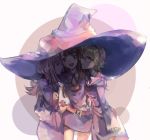  3girls :d akko_kagari arms_around_neck blonde_hair blue_eyes brown_eyes brown_hair freckles glasses hat kaeki little_witch_academia long_hair lotte_yanson multiple_girls mushroom open_mouth oversized_hat red_eyes short_hair sketch sleeves_past_wrists smile sucy_manbavaran witch_hat 