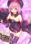  1girl bare_shoulders book breasts detached_sleeves fate/grand_order fate_(series) hakuishi_aoi hat helena_blavatsky_(fate/grand_order) looking_at_viewer open_mouth purple_hair short_hair small_breasts solo spell strapless thigh-highs tree_of_life violet_eyes 
