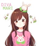  1girl :&lt; bangs blush breasts brown_eyes brown_hair casual collarbone d.va_(overwatch) eyebrows_visible_through_hair facepaint facial_mark heacho head_tilt highres long_hair long_sleeves looking_at_viewer object_on_head overwatch pachimari pink_shirt print_shirt shirt simple_background small_breasts solo stuffed_animal stuffed_octopus stuffed_toy sweatdrop swept_bangs t-shirt upper_body whisker_markings white_background 