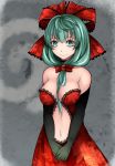  1girl aoshima bare_shoulders black_gloves bow breasts cleavage collarbone commentary_request dress front_ponytail gloves green_eyes green_hair hair_bow hair_ribbon highres kagiyama_hina leaf_print long_hair looking_at_viewer medium_breasts navel red_bow red_dress red_ribbon ribbon smile solo touhou 