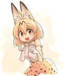 1girl animal_ears bare_shoulders blonde_hair bow bowtie cat_ears elbow_gloves gloves kemono_friends looking_at_viewer open_mouth panzuban serval_(kemono_friends) serval_ears short_hair simple_background skirt sleeveless smile solo 