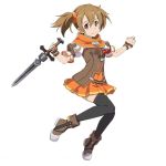  1girl black_legwear brown_hair hair_ornament holding holding_sword holding_weapon looking_at_viewer orange_skirt pleated_skirt red_eyes ribbon short_hair short_twintails silica simple_background skirt smile solo striped striped_ribbon sword sword_art_online thigh-highs twintails weapon white_background wrist_ribbon zettai_ryouiki 