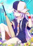  1girl adjusting_clothes adjusting_hat bangs baseball baseball_bat baseball_cap baseball_uniform branch chain-link_fence closed_mouth fence hair_between_eyes hand_up hat knee_up kneehighs leaf long_hair looking_at_viewer moe2017 mouth_hold nyori original sideways_hat sitting solo sportswear stadium thighs very_long_hair white_hair white_legwear 