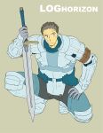  1boy armor armored_boots bandaid beige_background boots brown_hair copyright_name gloves grey_hair log_horizon male_focus multicolored_hair naotsugu_(log_horizon) simple_background solo sword two-tone_hair weapon 