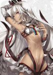  1girl altera_(fate) arm_above_head arm_up armpits bangs bare_shoulders black_nails breasts choker cowboy_shot dark_skin detached_sleeves fate/extella fate/extra fate/grand_order fate_(series) hips looking_at_viewer midriff nail_polish navel pokimari red_eyes revealing_clothes short_hair solo sword tattoo veil weapon white_clothes white_hair 
