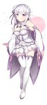  1girl bangs blush boots braid breasts character_name chitetan cleavage closed_mouth coattails corset crown_braid emilia_(re:zero) eyebrows_visible_through_hair flower full_body hair_flower hair_ornament hair_ribbon hand_up long_hair looking_at_viewer medium_breasts pleated_skirt purple_ribbon re:zero_kara_hajimeru_isekai_seikatsu ribbon shoulder_cutout sidelocks silver_hair skirt smile solo star starry_background thigh-highs thigh_boots violet_eyes white_background white_boots white_flower white_legwear white_skirt wide_sleeves x_hair_ornament 