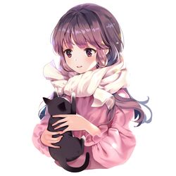  1girl absurdres bangs blush brown_hair cat eyebrows_visible_through_hair highres holding_cat long_hair long_sleeves looking_at_another miyaza original parted_lips puffy_long_sleeves puffy_sleeves scarf simple_background smile solo swept_bangs teeth upper_body violet_eyes white_background white_scarf 