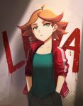  1girl absurdres ahoge amanda_o&#039;neill expressionless graffiti green_eyes hands_in_pockets highres jacket little_witch_academia looking_at_viewer orange_hair sendrawz short_hair sketch solo thick_eyebrows 