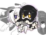  2girls abyssal_twin_hime_(black) abyssal_twin_hime_(white) black_hair chibi commentary_request dress elbow_gloves gloves gomasamune hair_between_eyes hair_ornament hand_holding highres kantai_collection kneeling looking_at_viewer multiple_girls open-back_dress oxygen_mask rigging shinkaisei-kan short_hair siblings sitting sleeveless sleeveless_dress teeth thigh-highs twins violet_eyes white_background white_hair yellow_eyes 