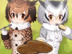  bowl brown_eyes brown_hair buttons commentary_request curry curry_rice eurasian_eagle_owl_(kemono_friends) food fur_trim gloves head_wings iwahana jacket kemono_friends northern_white-faced_owl_(kemono_friends) rice spoon white_hair yellow_eyes 