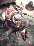  1girl black_dress black_legwear blindfold breasts cleavage dress hairband high_heels highres holding holding_sword holding_weapon katana mephist-pheles nier_(series) nier_automata pod_(nier_automata) robot short_hair sword thigh-highs weapon white_hair yorha_no._2_type_b 