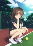  1girl arm_support ball breasts brown_hair chain-link_fence fence highres long_hair neronero0061 original ponytail racket smile solo sportswear squatting tennis_ball tennis_court tennis_racket tennis_uniform violet_eyes 