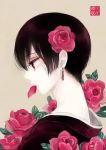  1boy adam&#039;s_apple androgynous axis_powers_hetalia bangs black_hair brown_background crossdressinging earrings eyebrows_visible_through_hair eyelashes flower from_side hai_yoru hair_flower hair_ornament japan_(hetalia) jewelry lipstick makeup male_focus mouth_hold pale_skin petals pink_lips pink_rose portrait profile red_eyes rose solo trap 