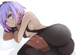  1girl ass assassin_(fate/prototype_fragments) bangs black_legwear bodysuit breasts eyebrows_visible_through_hair fate/prototype fate/prototype:_fragments_of_blue_and_silver fate_(series) halterneck i.u.y looking_at_viewer lying on_side parted_lips purple_hair shadow short_hair sidelocks simple_background small_breasts solo spandex thighs violet_eyes white_background 