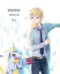  1girl belt black_necktie black_pants blonde_hair digimon digimon_adventure digimon_adventure_tri. dress_shirt ekira_nieto gabumon highres ishida_yamato mouth_hold necktie pants shirt short_hair simple_background solo standing white_background white_shirt 