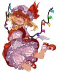  1girl arms_behind_back ascot blonde_hair bloomers fangs flandre_scarlet full_body long_hair looking_at_viewer manarou open_mouth petticoat puffy_short_sleeves puffy_sleeves red_eyes red_shoes red_skirt shoes short_sleeves simple_background skirt skirt_set smile socks solo touhou underwear vest white_background white_legwear wings 