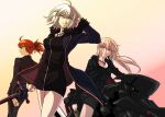  3girls blonde_hair casual ebina_hidekazu fate/grand_order fate/stay_night fate_(series) formal fujimaru_ritsuka_(female) fur_trim ground_vehicle jacket jeanne_alter jewelry motor_vehicle motorcycle multiple_girls necklace orange_hair pale_skin ponytail ruler_(fate/apocrypha) saber saber_alter shorts suit sword weapon white_hair yellow_eyes 