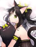  1girl :o animal_ears arm_garter bangs bare_shoulders bed_sheet bell bell_collar black_hair bow cat_day cat_ears cat_tail choker collar green_bow green_eyes green_ribbon hair_ribbon highres jingle_bell long_hair looking_at_viewer lying mole mole_under_mouth momoshiki_tsubaki object_hug on_side original ribbon ribbon_trim see-through sidelocks slit_pupils solo stuffed_animal stuffed_cat stuffed_toy tail twintails upper_body whiskers 