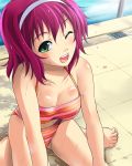  1girl bare_legs bare_shoulders bikini breasts cleavage digdug006 drain_(object) from_above green_eyes hair_ornament minagawa_harumi one_eye_closed open_mouth pink_hair pool pool_ladder poolside short_hair solo swimsuit tile_floor tiles water wet wrestle_angels wrestle_angels_survivor wrestle_angels_survivor_2 