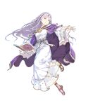  1girl book cape detached_sleeves dress fire_emblem fire_emblem:_seisen_no_keifu fire_emblem_heroes haimura_kiyotaka highres holding jewelry long_hair looking_away official_art purple_hair sandals solo tiara transparent_background violet_eyes wide_sleeves yuria_(fire_emblem) 