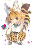  1girl animal_ears animal_print bare_shoulders blonde_hair blush bow bowtie commentary_request elbow_gloves fang gloves hand_on_thigh kemono_friends leaning_forward looking_at_viewer open_mouth serval_(kemono_friends) serval_ears serval_tail shirt short_hair simple_background skirt sleeveless sleeveless_shirt solo standing tail thigh-highs transpot_nonoko white_background white_shirt yellow_eyes 