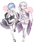  2girls apron bangs black_shoes blue_eyes blue_hair blunt_bangs blush boots braid breasts character_name chitetan cleavage closed_mouth coattails collar corset crown_braid detached_collar detached_sleeves dress emilia_(re:zero) eyebrows_visible_through_hair flower frilled_apron frilled_collar frilled_dress frilled_sleeves frills full_body garter_straps hair_flower hair_ornament hair_over_one_eye hair_ribbon hand_up juliet_sleeves leg_up long_hair long_sleeves looking_at_viewer maid maid_headdress mary_janes medium_breasts multiple_girls pink_ribbon pleated_skirt puffy_sleeves purple_ribbon re:zero_kara_hajimeru_isekai_seikatsu rem_(re:zero) ribbon shoes short_hair shoulder_cutout sidelocks silver_hair skirt smile star starry_background thigh-highs thigh_boots violet_eyes waist_apron white_background white_boots white_flower white_legwear white_skirt wide_sleeves x_hair_ornament 