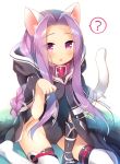  1girl ? animal_ears animal_hood blush braid cape cat_ears cat_tail collar commentary_request fate/grand_order fate_(series) hood kemonomimi_mode long_hair looking_at_viewer medusa_(lancer)_(fate) paw_pose purple_hair rider sazaki_ichiri simple_background solo spoken_question_mark tail thigh-highs thighs very_long_hair violet_eyes 