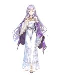  1girl cape detached_sleeves dress fire_emblem fire_emblem:_seisen_no_keifu fire_emblem_heroes full_body haimura_kiyotaka hand_on_own_chest highres long_hair looking_at_viewer official_art purple_hair sandals smile solo standing tiara transparent_background violet_eyes wide_sleeves yuria_(fire_emblem) 