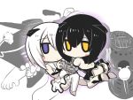  2girls abyssal_twin_hime_(black) abyssal_twin_hime_(white) black_hair blush_stickers chibi dress elbow_gloves gloves gomasamune hair_between_eyes hair_ornament hand_holding highres kantai_collection kneeling looking_at_viewer multiple_girls open-back_dress rigging shinkaisei-kan short_hair siblings sitting sleeveless sleeveless_dress teeth thigh-highs twins violet_eyes white_background white_hair yellow_eyes 