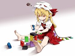  1girl ascot asu_tora barefoot blonde_hair commentary crystal flandre_scarlet full_body hat hat_ribbon mob_cap pointy_ears pout puffy_short_sleeves puffy_sleeves red_eyes red_ribbon red_skirt ribbon short_sleeves side_ponytail sitting skirt solo squiggle touhou vest wings 