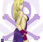  1girl arched_back backless_outfit blonde_hair blue_eyes bonne_jenet bracelet breasts dress erica_june_lahaie fatal_fury from_side gloves halterneck highres jewelry large_breasts long_hair mark_of_the_wolves open-back_dress profile purple_dress purple_gloves sagging_breasts sideboob signature skull_and_crossbones smile solo watermark web_address 