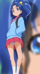  1girl backpack bag blue_eyes blue_hair blue_panties hands_in_pockets haruyama_kazunori kirakira_precure_a_la_mode panties pantyshot pantyshot_(standing) pink_skirt ponytail precure school_uniform short_hair skirt smile socks solo standing tategami_aoi underwear 