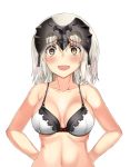 1girl bangs black_bra blush bow bow_bra bra breasts chainmail chocolate collarbone doyagao eyebrows_visible_through_hair fate/grand_order fate_(series) hair_between_eyes hands_on_hips headpiece jeanne_alter looking_at_viewer medium_breasts open_mouth ruler_(fate/apocrypha) silver_hair simple_background smile smug solo underwear upper_body white_background white_bra yellow_eyes yuge_(yuge_bakuhatsu) 