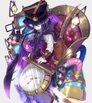  1boy bracer brown_pants chair cloak closed_mouth engine gloves goggles goggles_on_headwear grey_background hat looking_at_viewer monocle nyori original pants purple_hair short_hair_with_long_locks simple_background smile solo steampunk top_hat valve violet_eyes white_gloves 