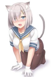  1girl animal_ears black_legwear blue_eyes blush cat_day cat_ears cat_tail commentary_request full_body hair_ornament hair_over_one_eye hairclip hamakaze_(kantai_collection) heart heart-shaped_pupils kantai_collection kemonomimi_mode neckerchief pantyhose sailor_collar sama_samasa school_uniform serafuku short_hair silver_hair simple_background solo symbol-shaped_pupils tail thighband_pantyhose white_background 