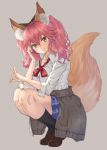  1girl animal_ears black_legwear bow bowtie brown_shoes cosplay fate/extra fate_(series) fox_ears fox_shadow_puppet fox_tail full_body highres kanikou kneehighs loafers long_hair looking_at_viewer pink_hair red_bow red_bowtie shirt shoes smile solo squatting sweater tail tamamo_(fate)_(all) tamamo_jk_(fate) tiptoes white_shirt yellow_eyes 