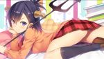  &gt;:) 1girl ass black_legwear blush book book_stack cardigan demon_girl demon_horns directional_arrow end_card from_side gabriel_dropout hair_ornament hairclip hand_on_own_cheek highres horns kneehighs loafers looking_at_viewer lying on_stomach pitchfork plaid plaid_pillow plaid_skirt purple_hair school_uniform shoes skirt smile solo star star_pillow tsukinose_vignette_april upscaled upskirt violet_eyes x_hair_ornament yuuki_hagure 