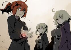  3girls alternate_costume blonde_hair command_spell fate/grand_order fate_(series) formal fujimaru_ritsuka_(female) jeanne_alter long_hair multiple_girls nanaya_(daaijianglin) necktie orange_hair pant_suit ruler_(fate/apocrypha) saber saber_alter short_hair side_ponytail suit yellow_eyes 